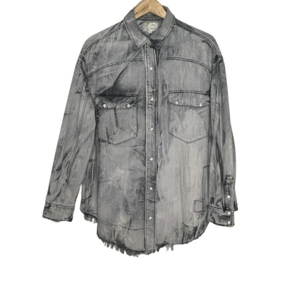 Oli & Hali Acid Wash Denim Shirt M Oversized Distressed Snap Front Patchwork - Picture 2 of 15